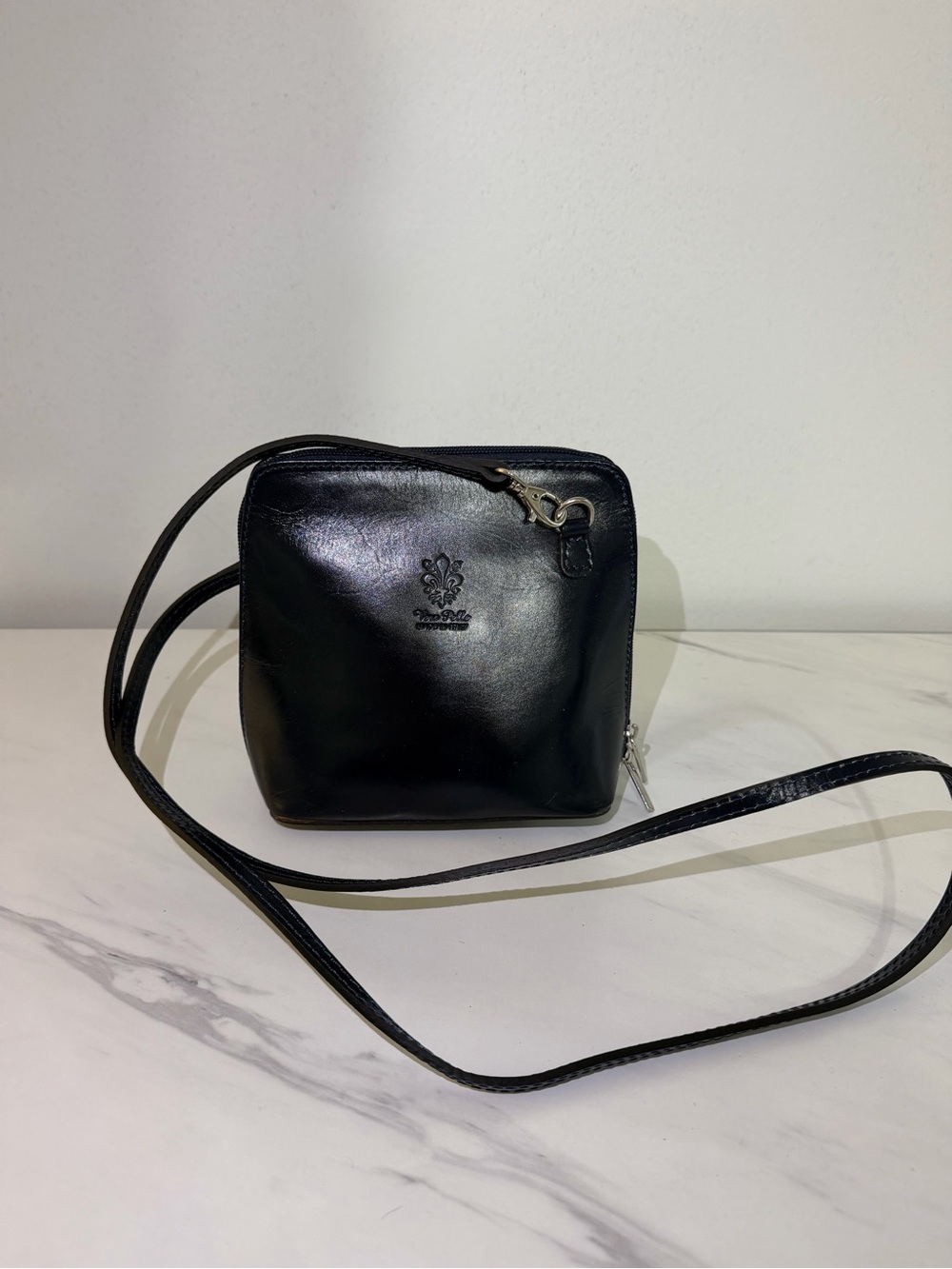 Black Leather Crossbody Bag - Classic Compact Shoulder Bag